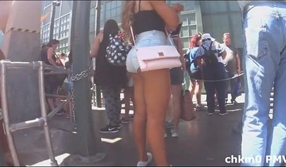 Voyeur films sexy big booty teens in tiny denim shorts in public
