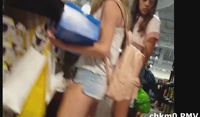 Voyeur films sexy big booty teens in tiny denim shorts in public