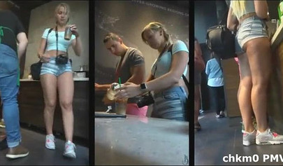 Voyeur films sexy big booty teens in tiny denim shorts in public