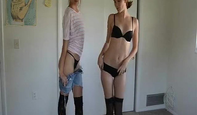 Slender teens strip off their lingerie & reveal their hairy pussies