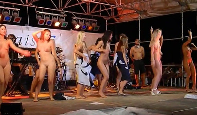 Gorgeous teen babes strip and show off their nude bodies at the dance contest