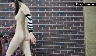 Acrobatic teen with big tits stretching in the leather chair