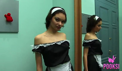Gorgeous teenage maid stripping in the mirror & exposing her slender body