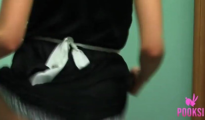 Gorgeous teenage maid stripping in the mirror & exposing her slender body