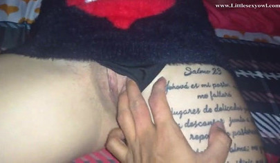 Inked teen gets her bald snatch fucked & creampied while sleeping