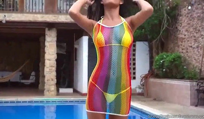 Latina teen with big tits Denisse Gomez strips her sexy bikini top outdoors