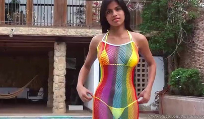 Latina teen with big tits Denisse Gomez strips her sexy bikini top outdoors