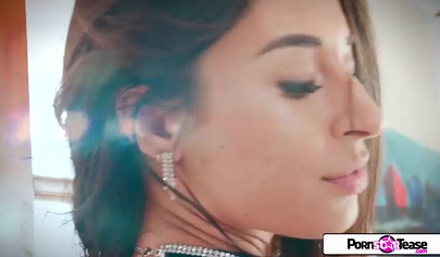 Beautiful Latina teen in stockings & heels Cameron Canela fingers her holes on the sofa