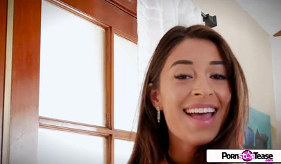 Beautiful Latina teen in stockings & heels Cameron Canela fingers her holes on the sofa